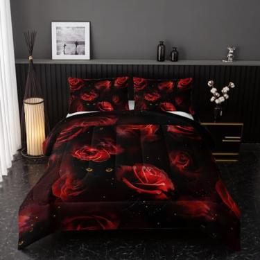 Imagem de Nttopship Conjunto de edredom floral vermelho, tamanho casal, gato preto, 3D, para crianças, meninas, meninos, estampa de rosa vermelha, edredom com 2 fronhas