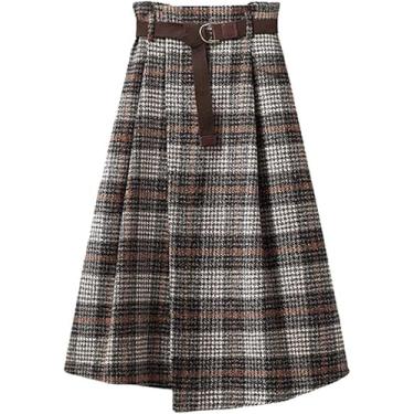 Imagem de Saia Midi Xadrez Retrô Feminina Outono Inverno Cintura Alta A-line Roupas De Escritório, Khaki, XXL