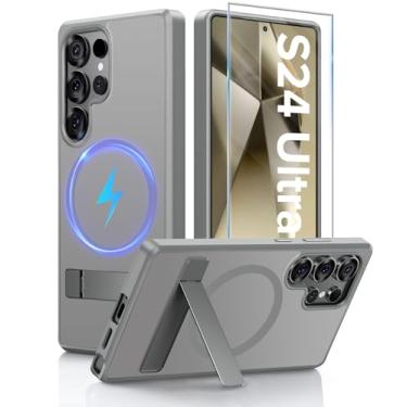 Imagem de Capa para Samsung Galaxy S24 Ultra com suporte [com protetor de tela] Carregamento sem fio, capa antiimpressões digitais, proteção à prova de choque, capa magnética para Galaxy S24 Ultra 5G com