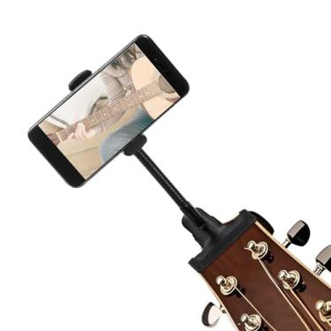 Imagem de Suporte de telefone com cabeça de guitarra, clipe ajustável preto para iPhone e todos os telefones de 4,5 a 7 polegadas para guitarra baixo, transmissão ao vivo, assistir cursos, gravação de vídeo