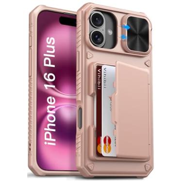 Imagem de Vihibii Capa carteira para iPhone 16 Plus com suporte para cartão (4 cartões) [bloqueio RFID] e capa de câmera deslizante, proteção contra quedas de nível militar, traseira robusta e borda de