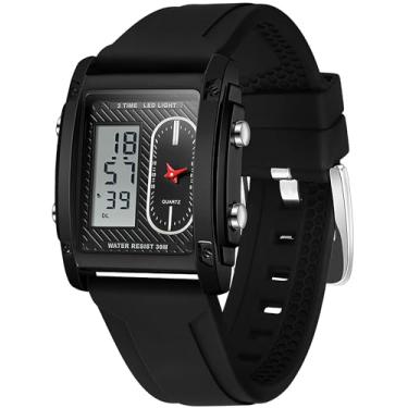 Imagem de findtime Relógios masculinos retangulares legais com relógio esportivo de designer exclusivo analógico digital duplo, Preto, branco, Casual