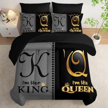 Imagem de AILONEN Conjunto de edredom para casal com estampa K e Q – Cama Queen macia cinza e preta em uma bolsa – edredom para ele, lençol de cima, 2 fronhas, 2 fronhas para quarto