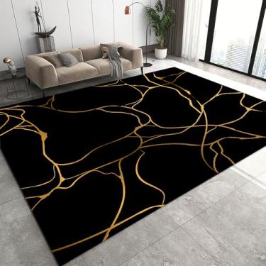 Imagem de EDGZKO Tapete preto e dourado 12 x 18: tapete de área abstrato com linhas douradas lavável 1,5 x 18 m, tapete moderno para sala de estar, quarto, sala de jantar, cozinha, lavanderia, sala de aula