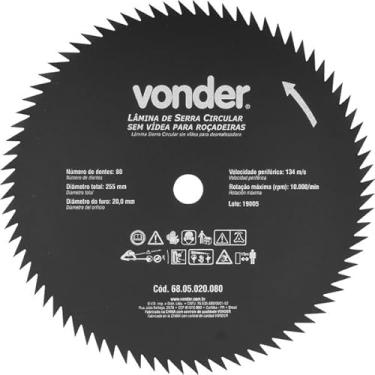 Imagem de Lâmina Circular Sem Vídea, Para Roçadeiras, 255 Mm X 20 Mm, 80 Dentes, Vonder