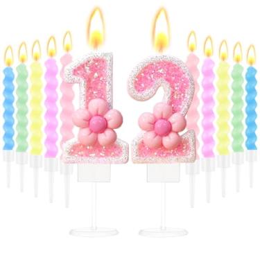 Imagem de Velas de aniversário para bolo brilhante número 12 velas de bolo de aniversário com design de flor rosa e 10 peças de velas espirais suprimentos de festa de aniversário para 12 anos de decoração de