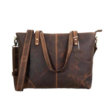 Imagem de ROCHERE Bolsa feminina de couro genuíno Buffalo – Bolsa preta com zíper, bolsa de ombro elegante para viagens e uso diário, Marrom escuro, 18 INCH