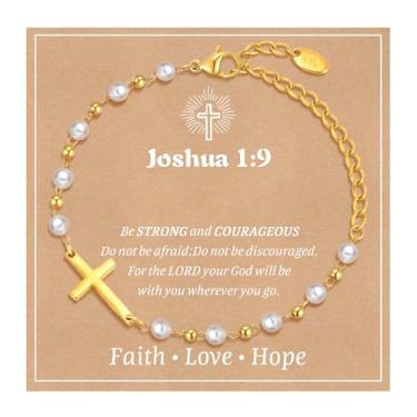 Imagem de Presente de pulseira de cruz de batismo de bebê: 18 k banhado a ouro / prata delicada pérola cruz pulseiras crianças filha neta aniversário primeira comunhão confirmação presentes joias cristãs para
