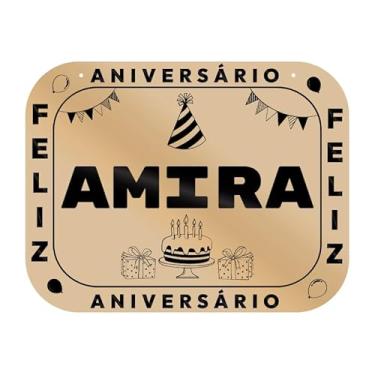 Imagem de Placa Feliz Aniversário Amira em MDF, 19x14 cm, com 2 Furos para Pendurar