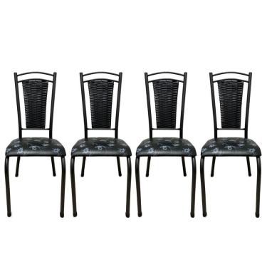 Imagem de Kit 4 Cadeira Paris De Cozinha Tubular Preto Aço Estofada Encosto Junco Preto Florido