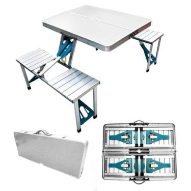 Imagem de Mesa Dobravel Camping Maleta Banquetas Aluminio Acampamento - Ideal Mi