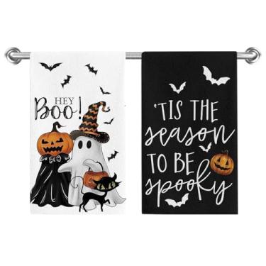 Imagem de Conjunto de 2 toalhas de prato de Halloween Hey Boo, abóboras, morcegos, toalhas de mão, 45 x 66 cm, panos de prato de secagem, doces ou travessuras, toalhas de prato assustadoras para cozinha