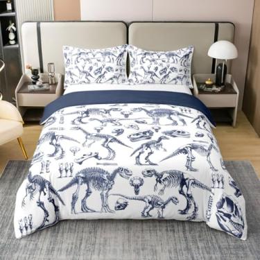 Imagem de Capa de edredom de esqueleto de dinossauro, tamanho casal, conjunto de cama de animais selvagens, 3 peças para decoração de quarto de crianças, meninas, meninos, adolescentes, azul marinho, desenho de