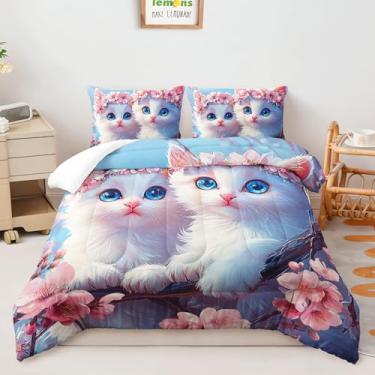 Imagem de AILONEN Jogo de cama infantil casal de gato fofo, lindo gato de fada, conjunto de edredom de gato de flor rosa, 1 edredom com 2 fronhas, 3 peças