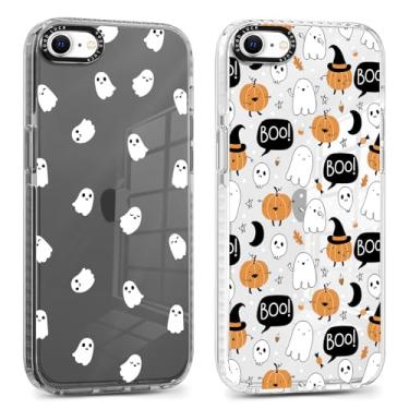 Imagem de Yomjew Pacote com 2 capas de telefone de Halloween para iPhone 16e de 6,1 polegadas, capa transparente com design de esqueleto de fantasma de abóbora fofa, à prova de choque, capa de silicone macio