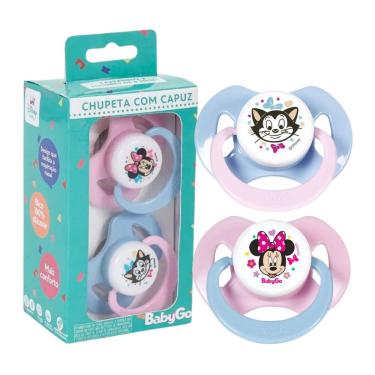 Imagem de Kit 2 Chupetas com Capuz T2 Bico Silicone Orto +6M Mickey Minnie Azul Rosa Disney