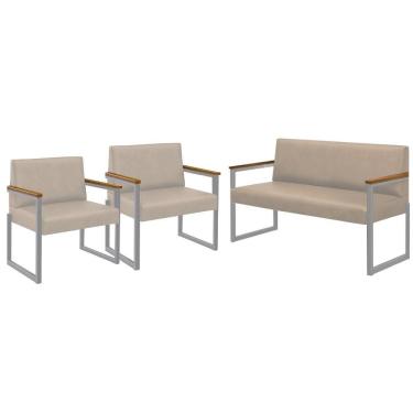 Imagem de Conjunto Sofá 2 Lugares E 2 Poltronas Niterói Couro Off White Em Metal Champanhe