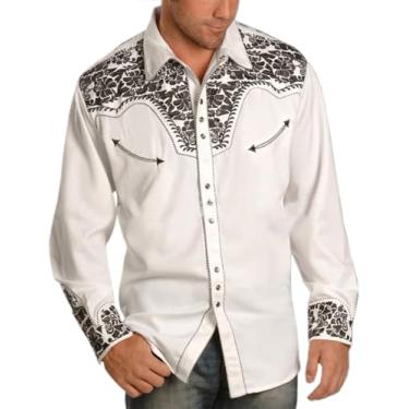 Imagem de Camisas De Cowboy Ocidentais Vintage Masculinas Casuais Soltas Manga Comprida Com Botões De Pérola, White, S