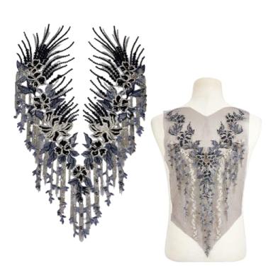 Imagem de NBEADS 2 peças de 2 estilos de apliques costurados com contas de flores, bordados costurados em tule remendos de renda para vestido de casamento faça você mesmo, acessórios de roupas, preto