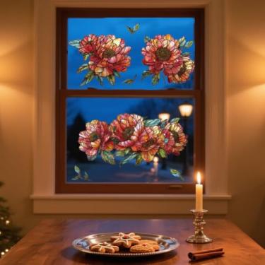 Imagem de ANATTASOUL Adesivos de janela estática Peônia de vidro manchado 1 folha de decalques reutilizáveis de janela para vidro, 120 cm x 30 cm adesivo de janela dupla face removível para quarto, escritório