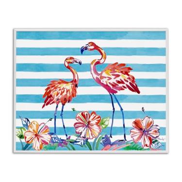 Imagem de Stupell Industries Design de arte giclée emoldurado branco de flamingos escovados e hibisco por Paul Brent, 40 x 50 cm