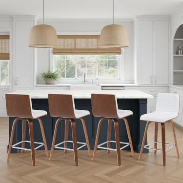 Imagem de Banqueta de barra giratória moderna Vienna com assento de couro sintético branco de neve e moldura de madeira com acabamento de nogueira, conjunto de 4