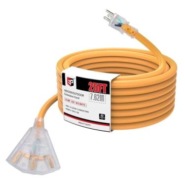 Imagem de EP SJEOW Cabo de extensão resistente para uso externo de 6 metros, 3 saídas, amarelo com plugue iluminado por LED, resistente à água para uso interno/externo, gramado, jardim, eletrodomésticos e