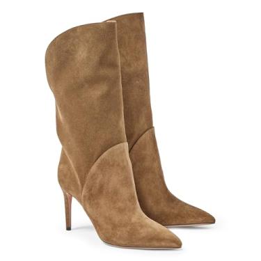 Imagem de Coutgo Botas femininas de cano médio, salto alto, bico fino, de camurça, sapatos sociais de inverno, Café Leve, 39