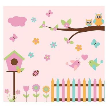 Imagem de Papel de Parede Adesivo Infantil Jardim Corujas Bebe Quarto Menina - 5