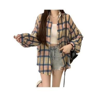 Imagem de Camisa Feminina Oversize De Chiffon Transparente Com Estampa Xadrez, M