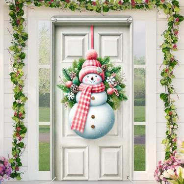 Imagem de BlissYard Capa de porta de Natal fofa decoração de guirlanda de boneco de neve, faixa festiva para porta da frente, para decoração de parede interna e externa, tecido de poliéster para meninas ou