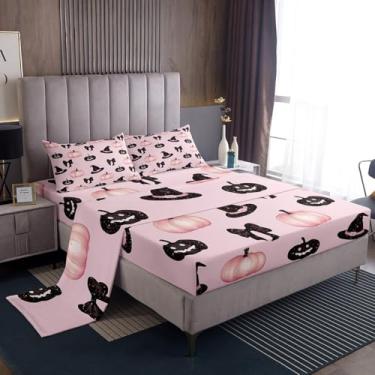 Imagem de Feelyou Jogo de lençol casal rosa para crianças, meninos, meninas, laço preto, decoração de Halloween, com bolsos profundos de 40 cm, 4 peças, com 2 fronhas