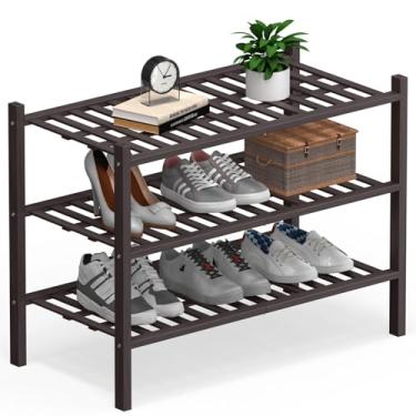 Imagem de Haddockway Grande organizador de armazenamento de sapatos de bambu de 3 níveis, prateleira empilhável multifuncional com painel de grade para armário, corredor, entrada, espaço pequeno 68,5 x 30,5 x