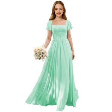 Imagem de Vestido Augday de chiffon com gola quadrada plissado para meninas verd