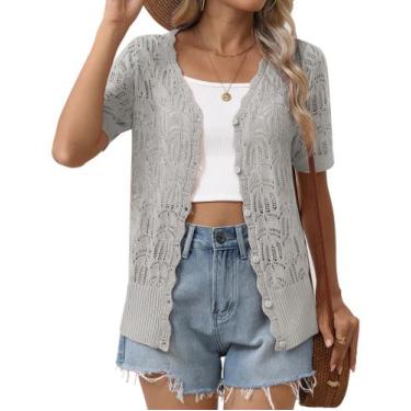 Imagem de Cardigan Zeagoo feminino de manga curta com decote em V, leve e botão
