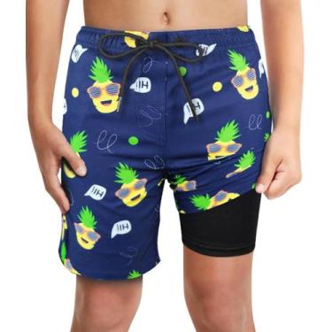 Imagem de Calções de banho LUCOWEE Boys Pineapple Navy com forro de cueca boxer