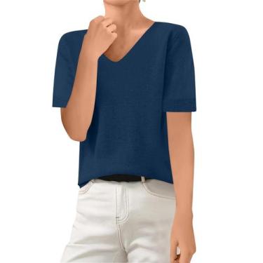 Imagem de Suéter de caxemira feminino de manga curta, decote em V, roxo, tamanho