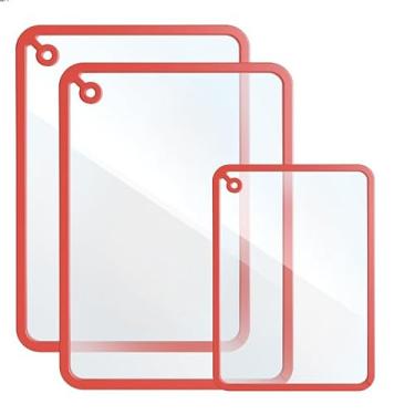 Imagem de LOZOVIN Conjunto de tábua de corte de vidro temperado para cozinha, tábua de cortar bordas de silicone antiderrapante com orifício para pendurar, tábua de corte transparente não tóxica para bancada, 3