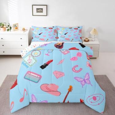 Imagem de Conjunto de cama Queen, moderno, para crianças, meninas, guitarra, borboleta, azul, para decoração de quarto de meninos, meninas, adolescentes, conjunto de edredom de música rock, instrumentos de