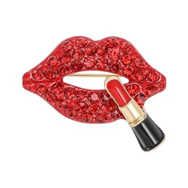 Imagem de Uijokdef Lábios decorativos de cristal vermelho com broche de batom, design incrustado de diamante esmaltado de liga, 2 x 5 cm