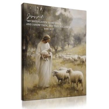 Imagem de KU-DaYi Decoração de arte de parede de Jesus cristão vintage e cordeiro, impressões em tela de Jesus religioso rústico, imagens emolduradas, versículo bíblico, impressões de arte de parede para casa