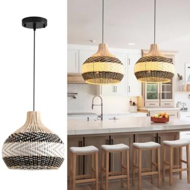 Imagem de Teru Ji Kaikang Luminária Pendente De Vime Com 3 Luzes, 15" De Vime Sintético Preto E Branco, Tecido À Mão, Lustre Estilo Boho, Para Sala De Estar, Quarto, Cozinha, Sala De Jantar E Corredor