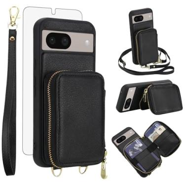 Imagem de Capa de celular para Google Pixel 8A 5G carteira celular com protetor de tela de vidro temperado alça transversal de pulso suporte de cordão com bloqueio de RFID suporte para cartão de crédito com