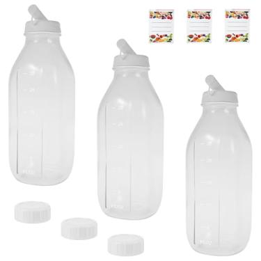 Imagem de 3 garrafas de vidro com tampa, recipiente de água para suco de 1000 ml, garrafa de vidro reutilizável, garrafa de leite com marca de capacidade, recipiente reutilizável para suco de marca para