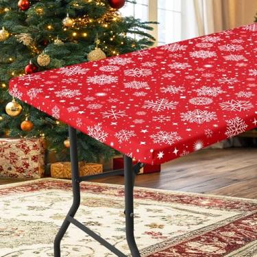 Imagem de homing Capa de mesa retangular, toalha de mesa elástica de poliéster impermeável, adequada para mesas dobráveis de 1,8 m, protetor de mesa lavável para piquenique, acampamento, ao ar livre (flocos de