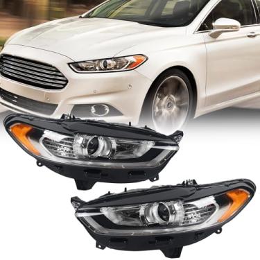 Imagem de FIONE Conjunto de farol de halogênio Ford Fusion 2013 2014 2015 2016 substituição de farol de projetor de halogêneo alojamento preto luz de cabeça de lente transparente cromo par de lâmpadas