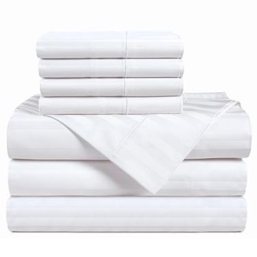 Imagem de Casa Platino Conjunto de lençóis King divididos 100% algodão egípcio - 1000 TC, 7 peças - listras damasco - Jogo de lençol King dividido de luxo para camas ajustáveis, totalmente elástico com bolsos