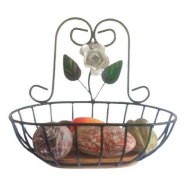 Imagem de Fruteira de Parede 1 Andar em Ferro e Madeira Oval P - Art MM, Branco