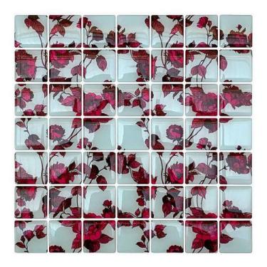 Imagem de Pastilha Adesiva Floral Rosa em Fundo Azul - Kit com 4 Placas Adesivas