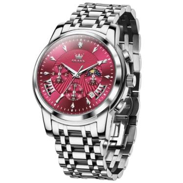 Imagem de OLEVS Relógio masculino de luxo, impermeável, luminoso, fácil leitura, cronógrafo, dourado, branco, diário, preto, com calendário, relógio de pulso, G2892 - Prata vermelha, round, Relógio de luxo